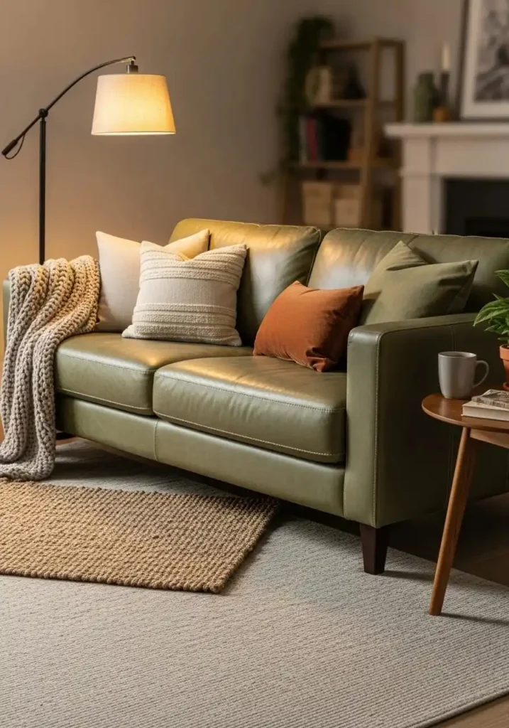 green leather couch layered rugs cozy stylish living room