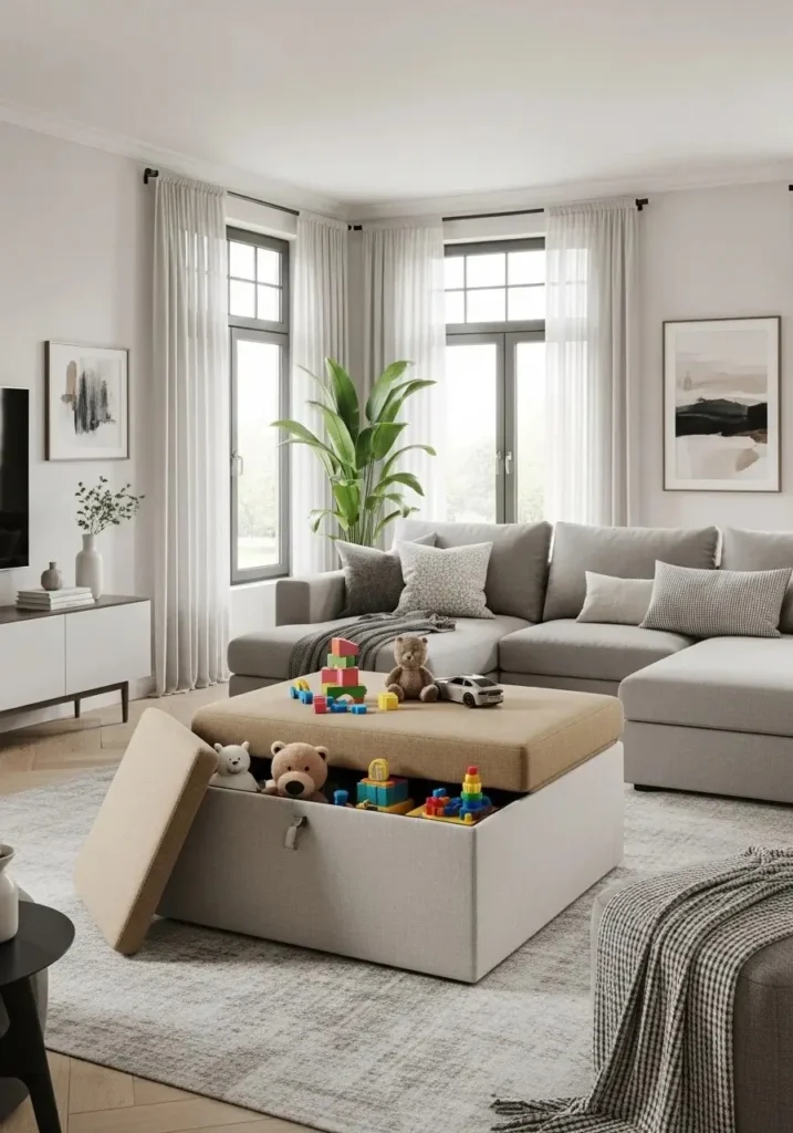 Storage ottoman in living room used to hide toys while adding seating.