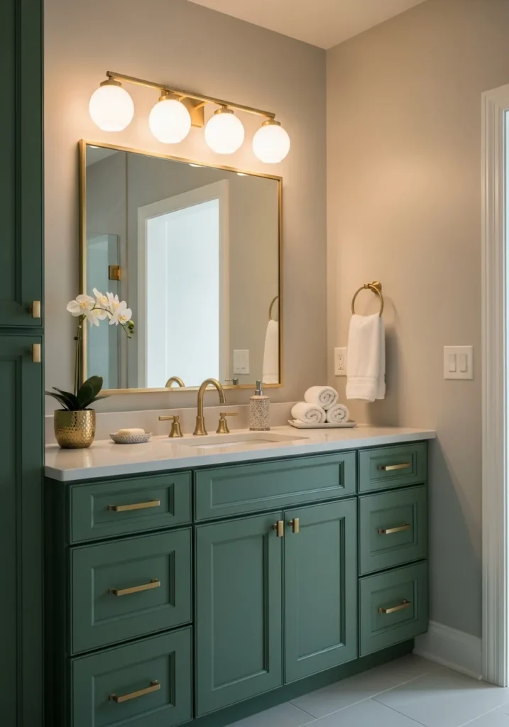 Bold green bathroom cabinets paired with gold fixtures and neutral surroundings for a statement look.
