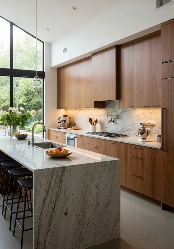 Kitchen featuring floor-to-ceiling wood cabinets with integrated handles, creating a high-end, polished, and spacious look.