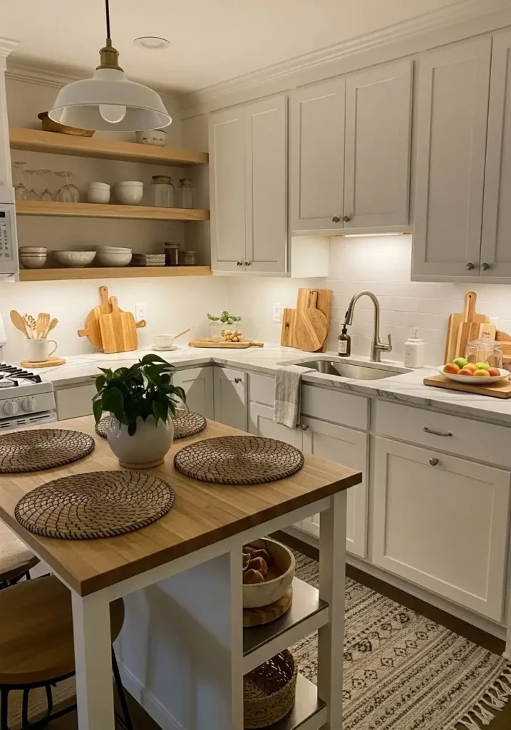 Apartment kitchen with warm wood accents creating a cozy and natural feel