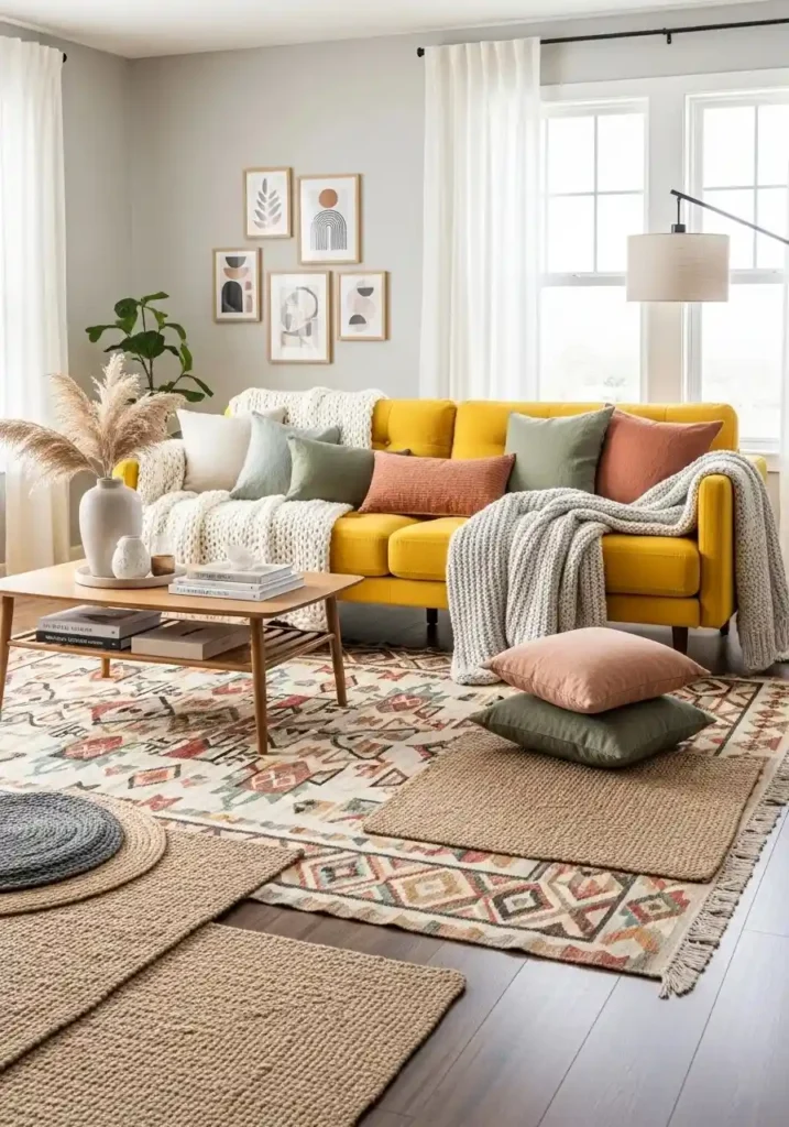 Cozy yellow couch living room with layered textures like knit throws, linen cushions, and woven rugs
