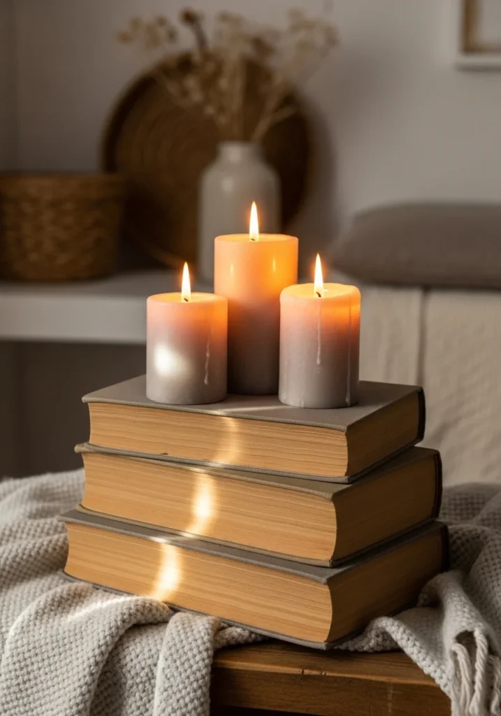 Candles and books combined to create a cozy table centerpiece
