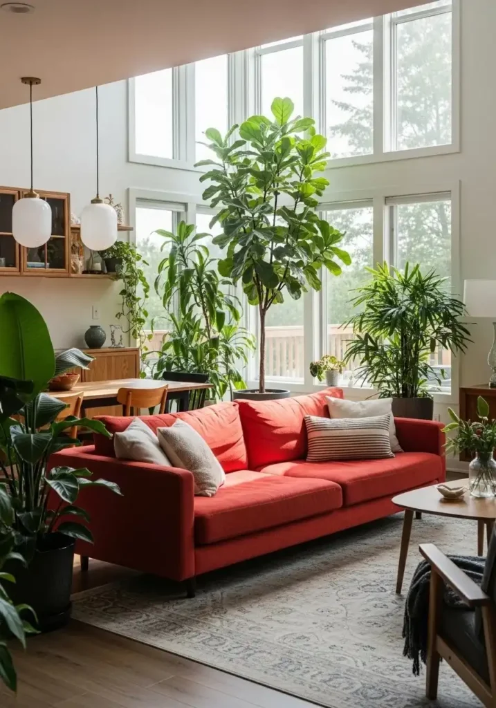 Green plants adding freshness to a red couch living room