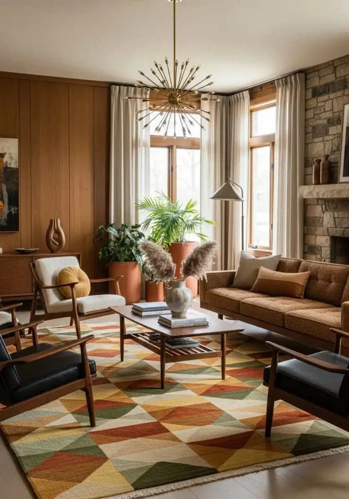 Geometric rug anchoring a mid century modern living room seating area