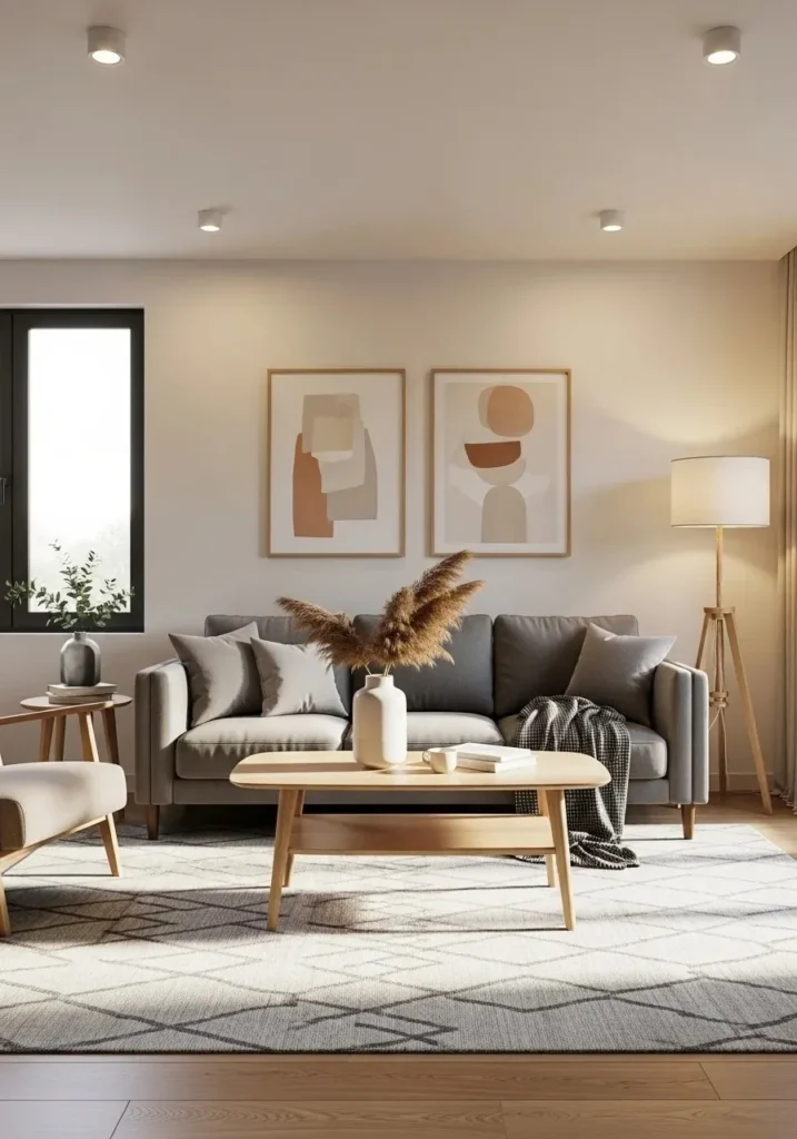 Grey couch centered on a patterned statement rug in a modern living room