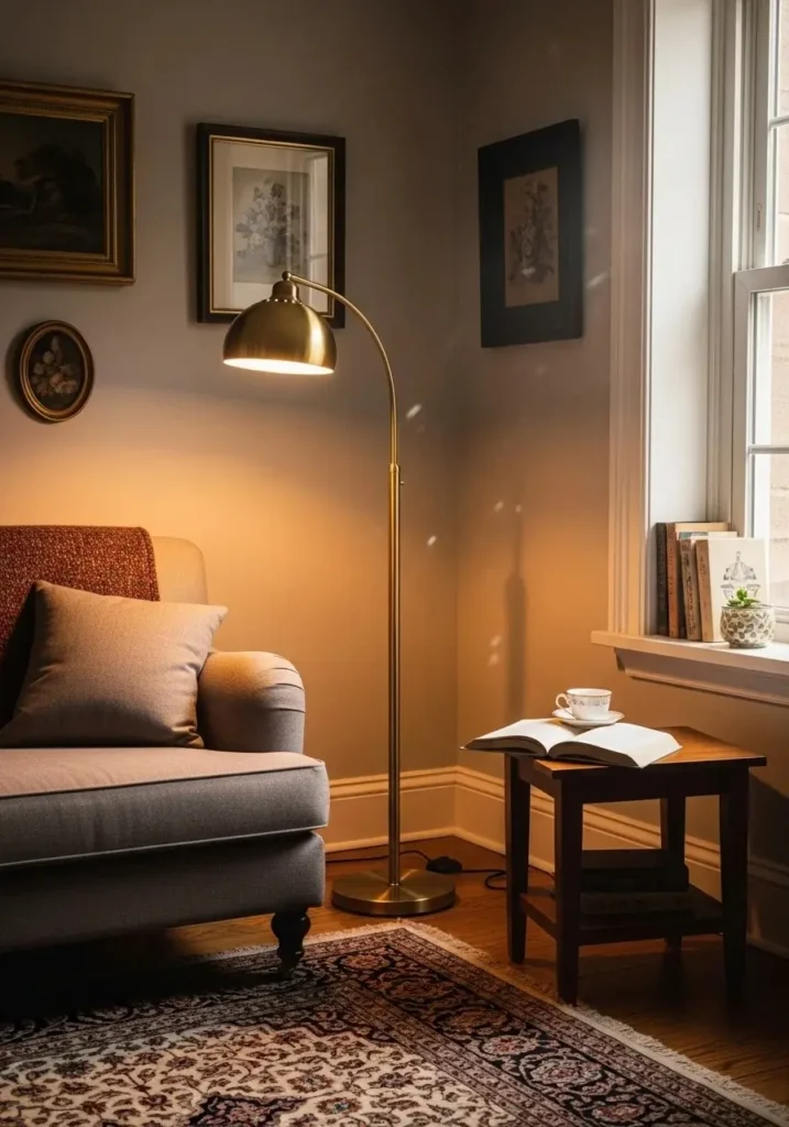 Vintage floor lamp creating a cozy living room corner