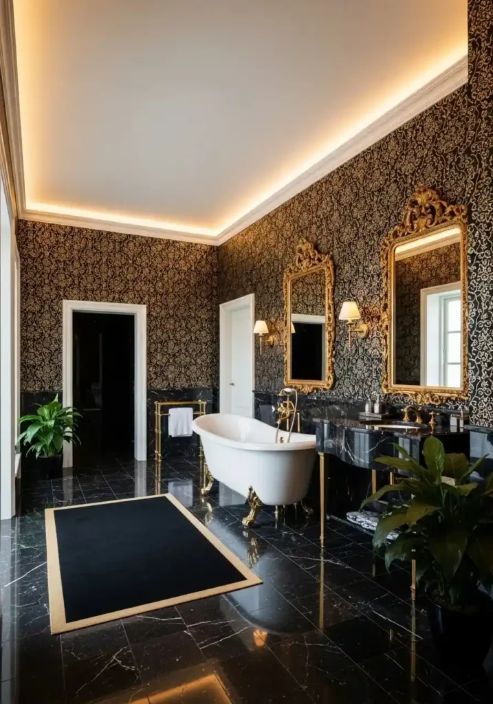 Black and gold wallpaper bathroom accent wall