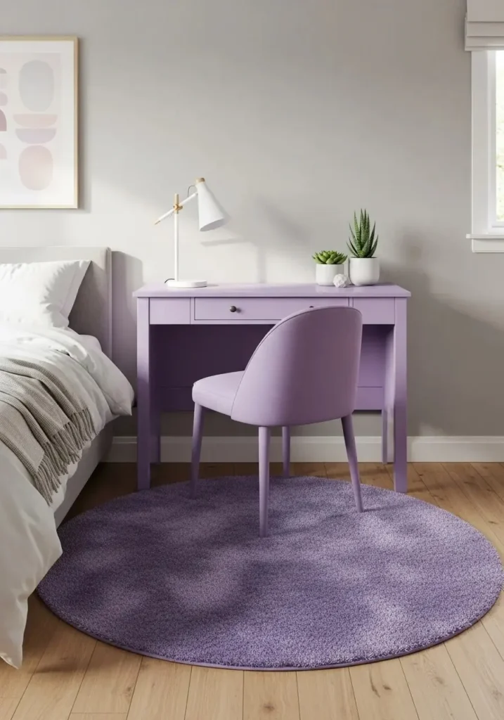 Lavender desk or vanity adding personality to bedroom with neutral d&eacute;cor and small functional accents