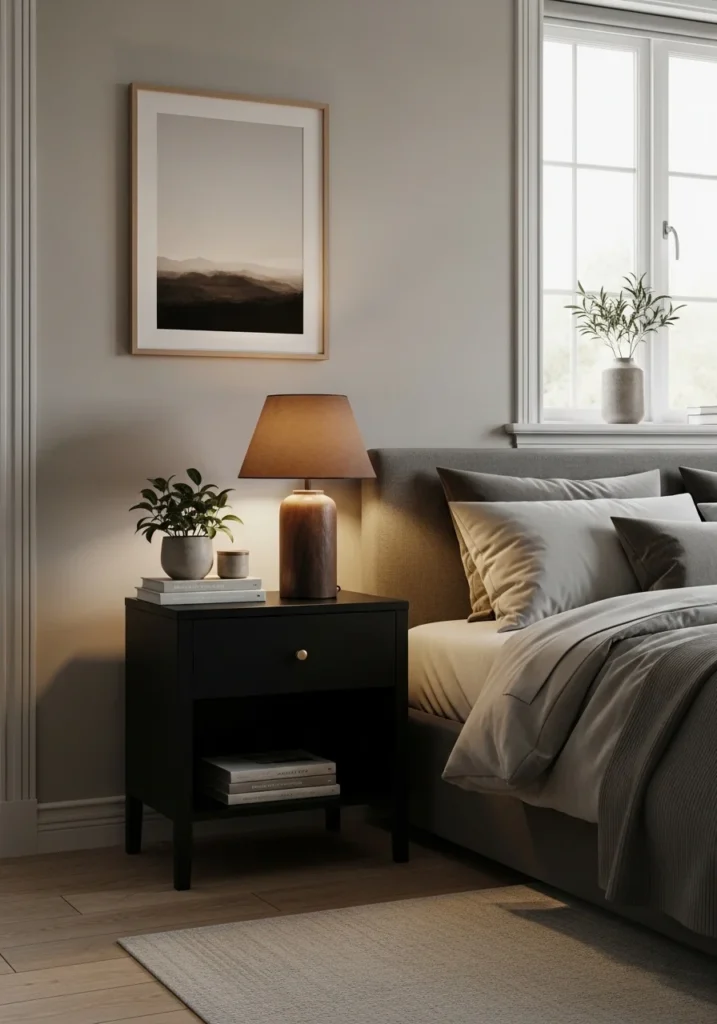 Black nightstands with brown decor accents adding warmth and contrast