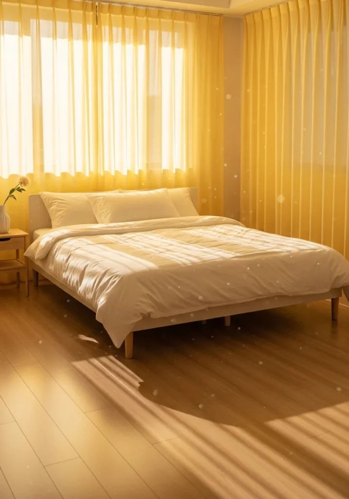 Yellow curtains filtering sunlight into a soft golden glow in a bright bedroom.