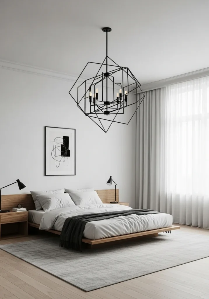 Modern minimalist chandelier with sleek design in a clean bedroom