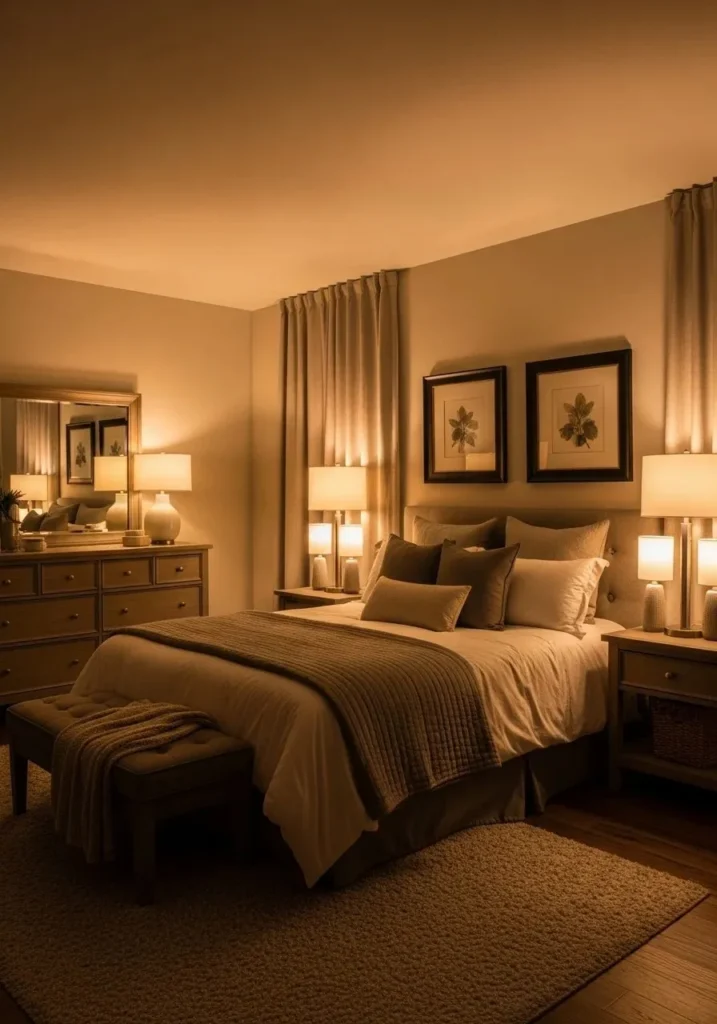 Bedroom with table lamps creating a layered warm lighting effect.