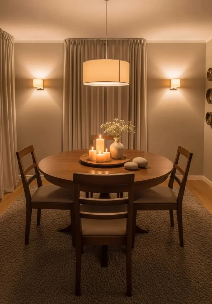 Round dining table with wooden tray styling keeping decor organized and warm