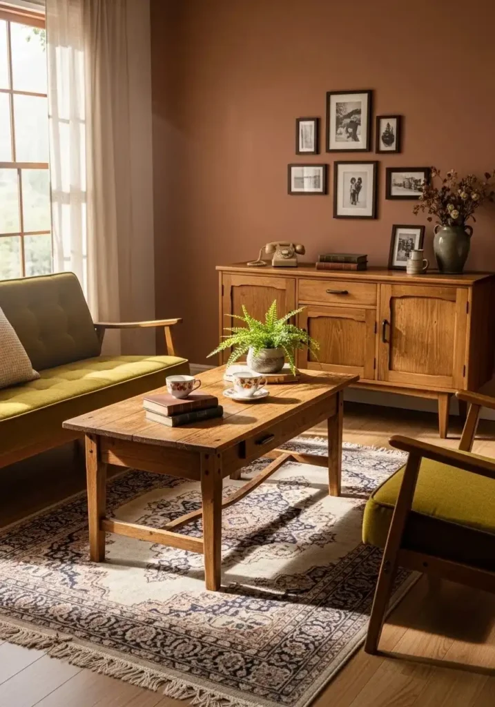Aged wooden furniture adding character to vintage living room