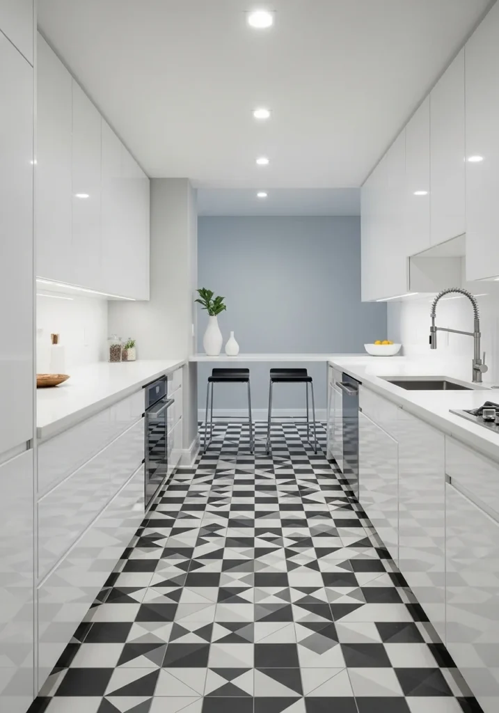 Galley kitchen with bold geometric patterned floor tiles adding personality and dimension.