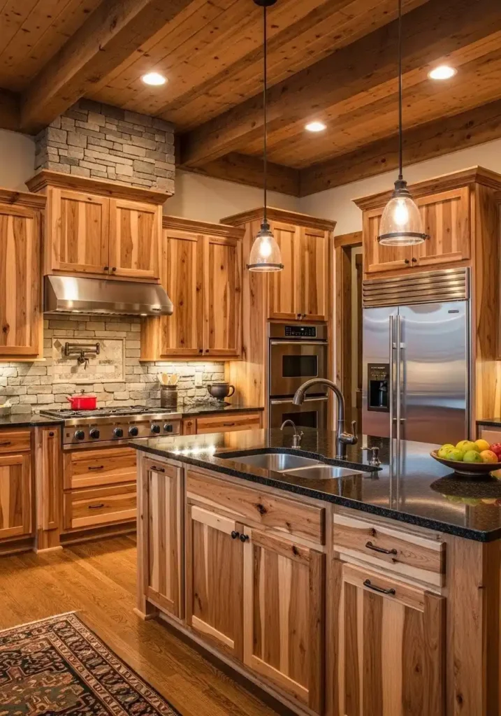 Hickory cabinets with dark countertops for a bold and grounded kitchen look