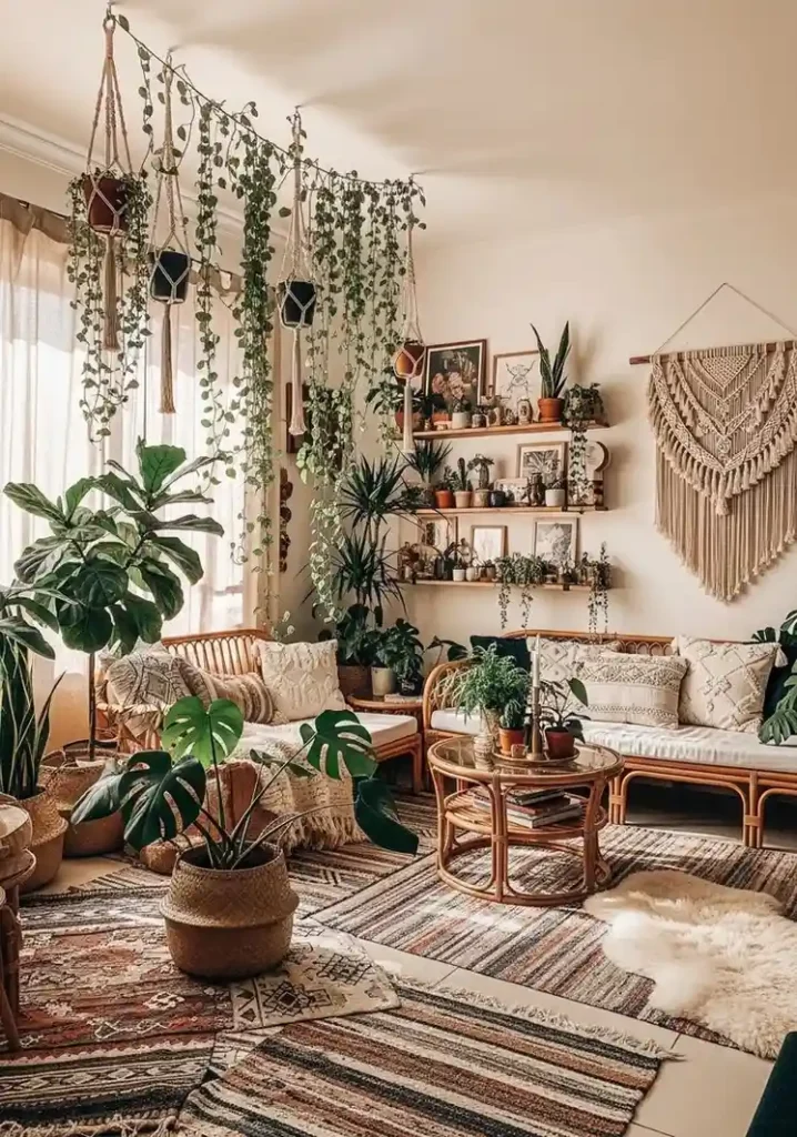A variety of plants and greenery create a layered, lively boho living room