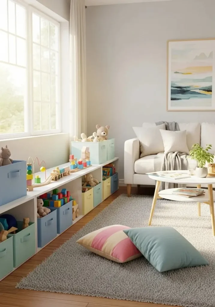 Low shelving unit with bins for easy-access toy storage.