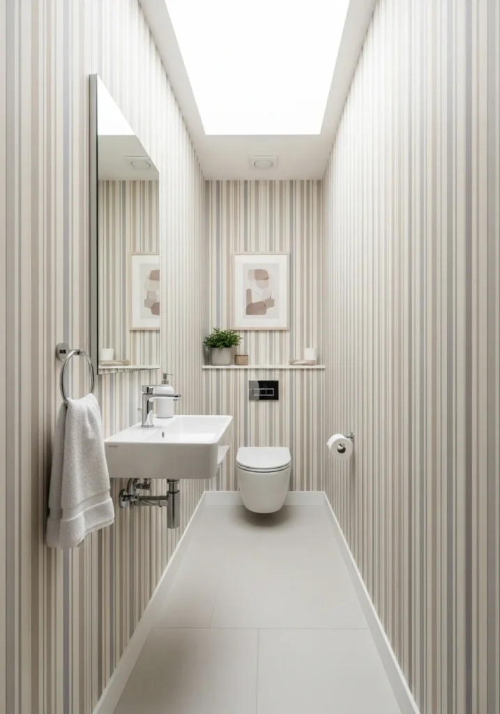 vertical stripe bathroom wallpaper making a small bathroom look taller and more spacious