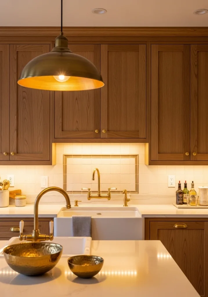 wood cabinets with brass accents warm kitchen design ideas