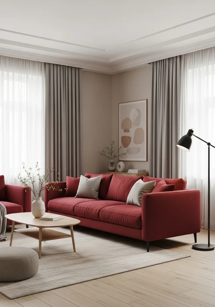 Red couch balanced with soft neutral tones in a modern living room
