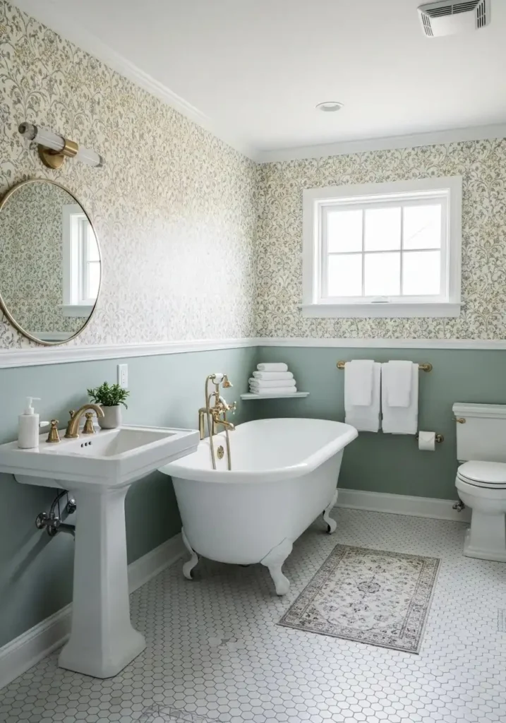 half wall bathroom wallpaper design with painted lower wall for a balanced look