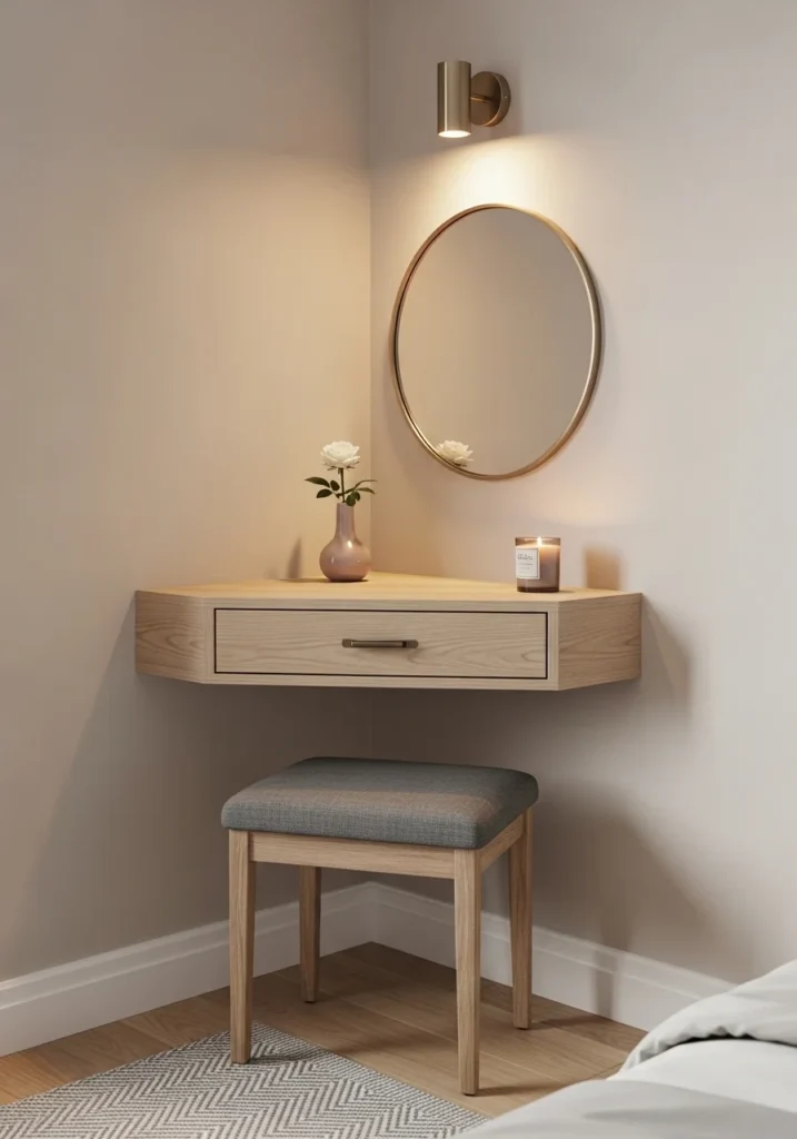 Small corner dressing table setup for compact bedroom spaces