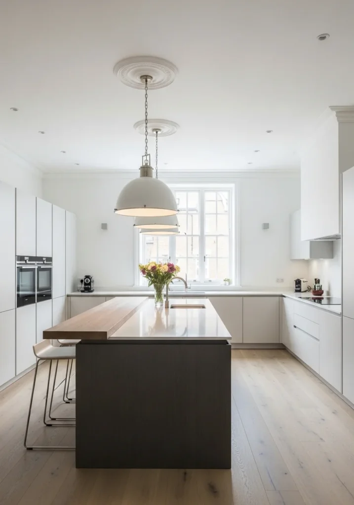 white kitchen ceiling with statement pendant lighting for stylish focal point