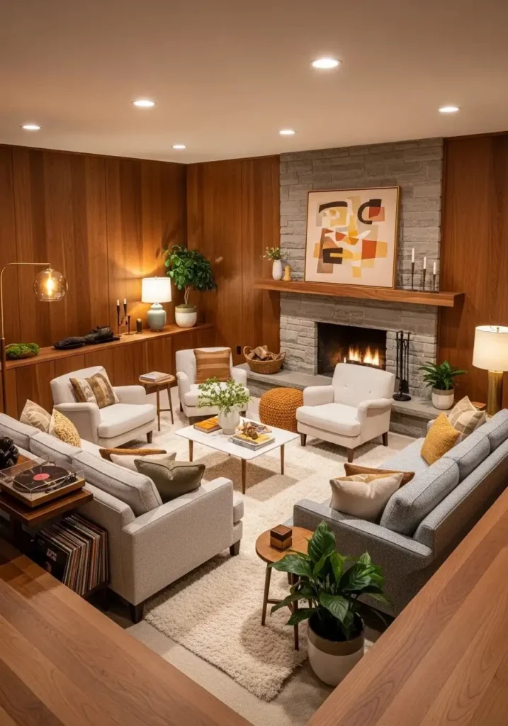 Sunken living room with warm wood paneling and retro cozy design.