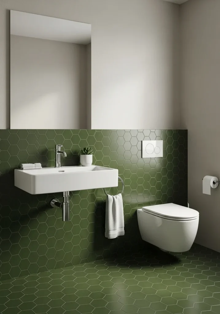 Green bathroom flooring creating a bold, stylish foundation while complementing neutral surroundings.