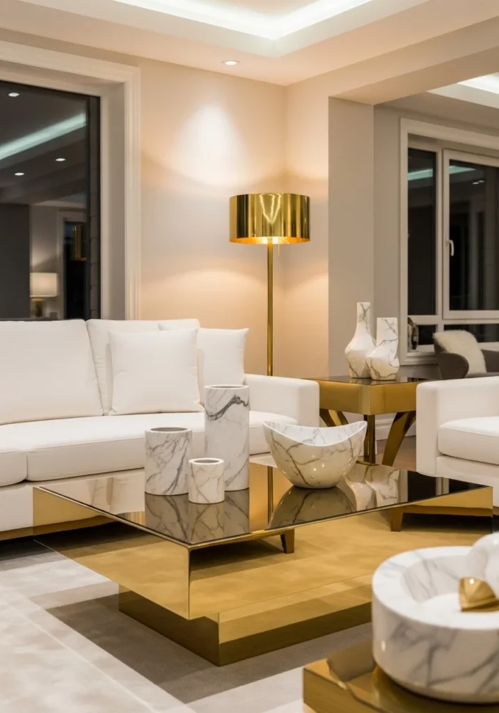 White couch living room with gold accents and elegant luxury interior design
