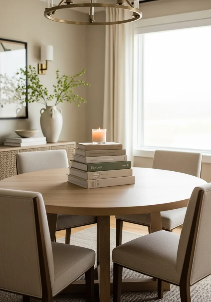 Round dining table with decorative books creating a stylish layered centerpiece