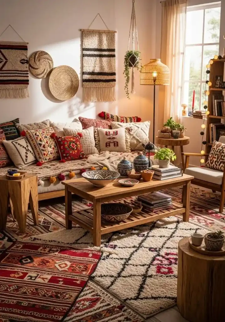 Patterned area rugs layered for texture and visual interest in a boho living room.