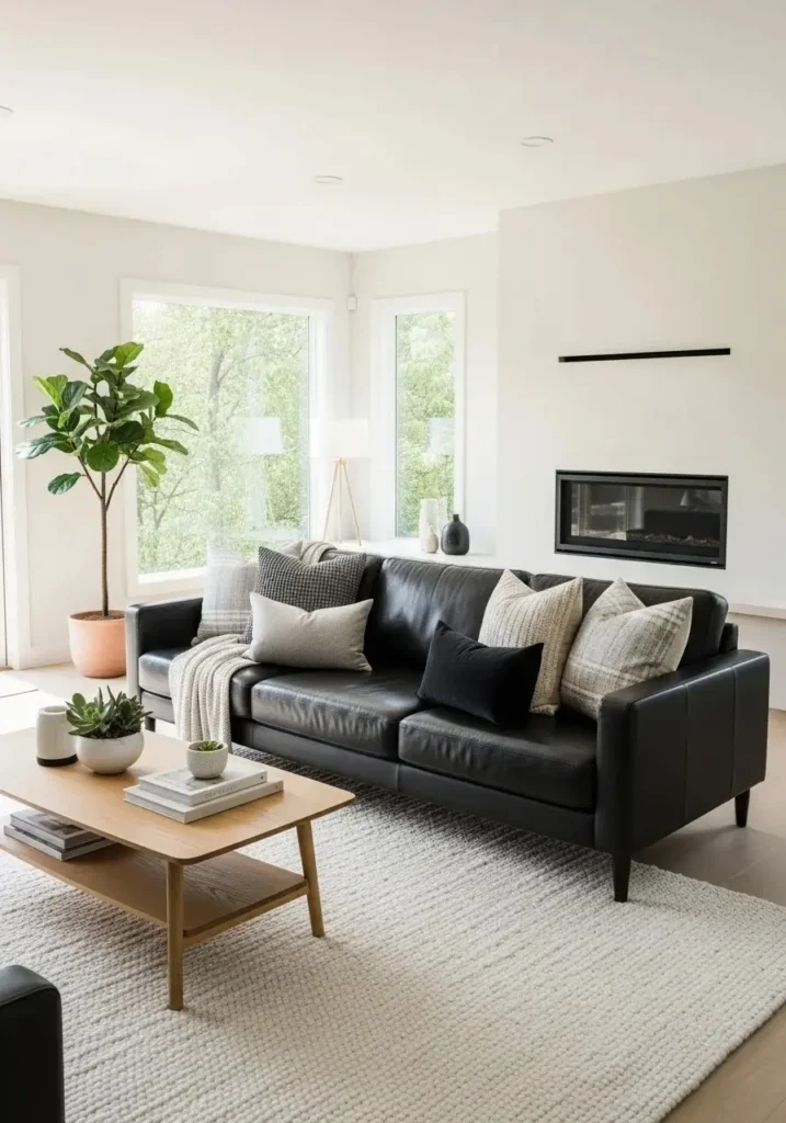 Black couch on a light rug brightening and softening the living room space