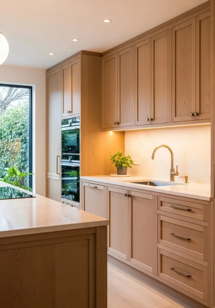 Warm metallic accents on white oak kitchen cabinets