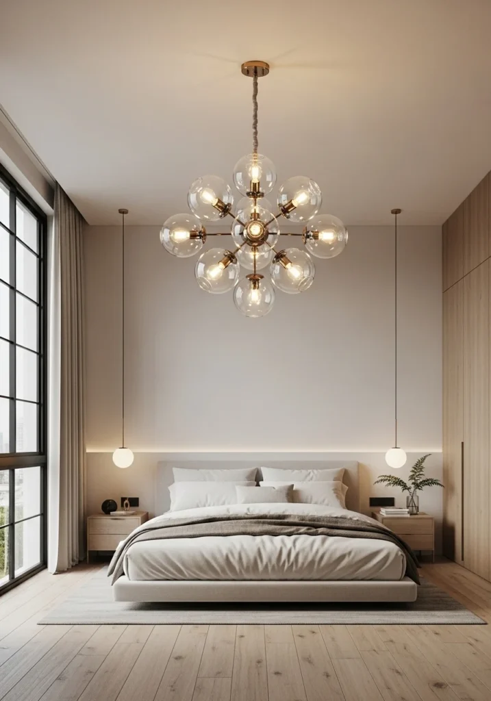 Glass globe chandelier providing soft modern lighting in bedroom