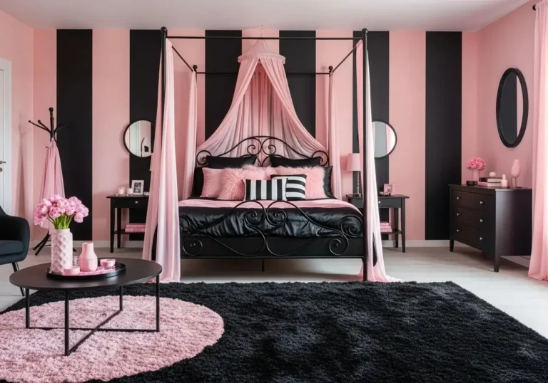 Full view of beautiful pink and black bedroom look