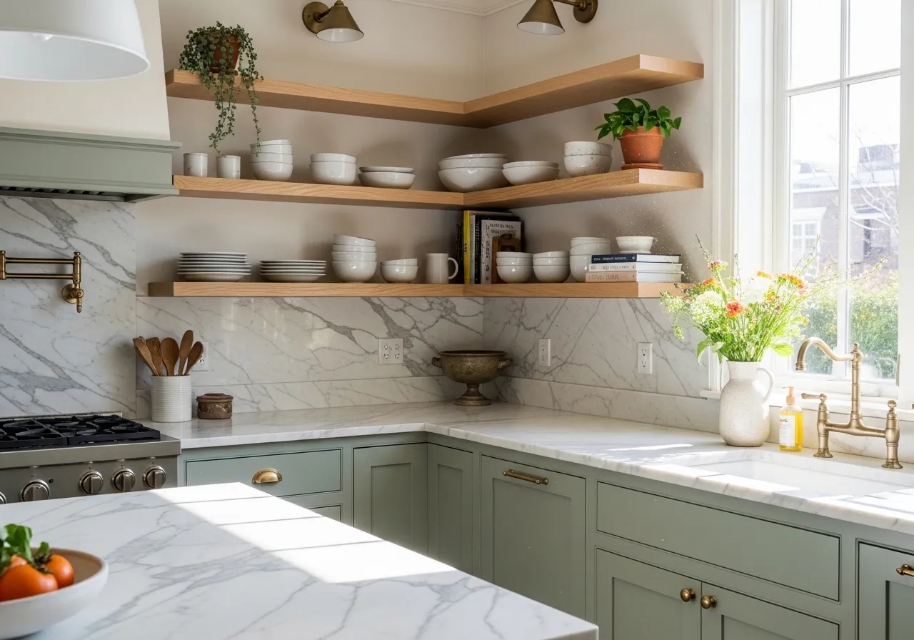 Fresh green kitchen with sage cabinets and warm wood shelves