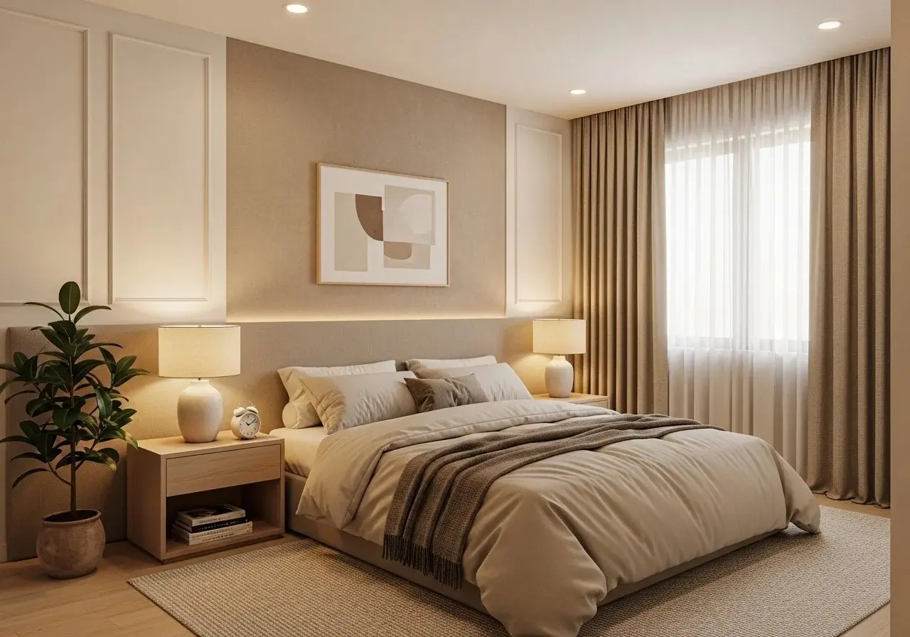 Cozy neutral bedroom with warm lighting and soft layered bedding