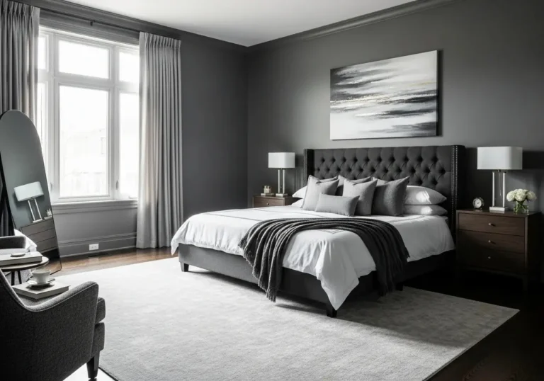 Full view of beautiful dark gray bedroom look