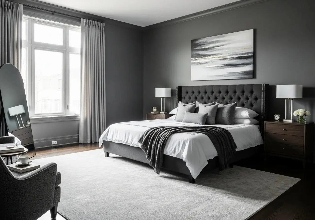 Full view of beautiful dark gray bedroom look