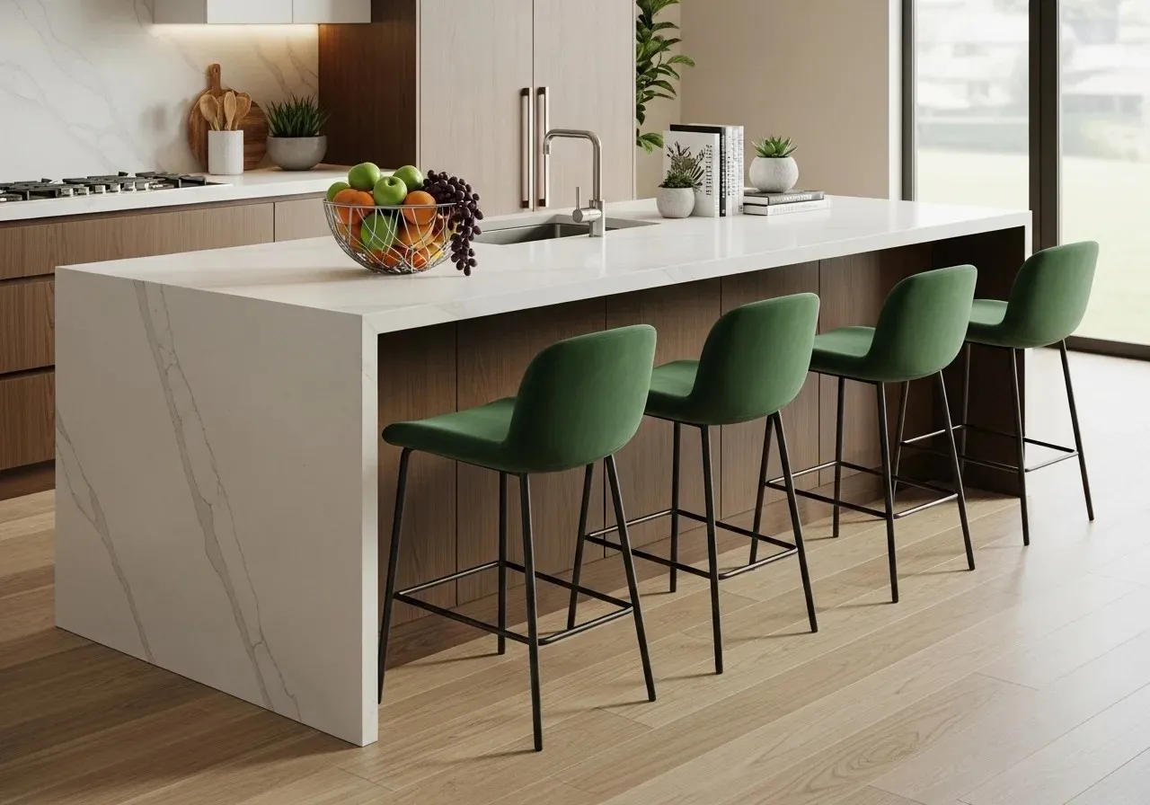 Full view of Beautiful bar stools kitchen island look