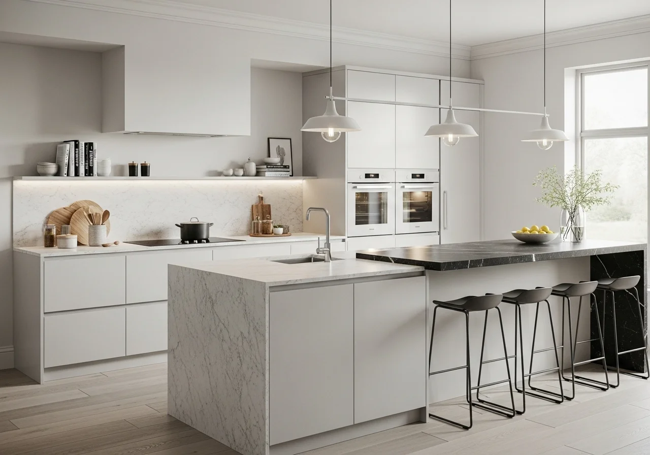 Beautiful one wall kitchen with island look