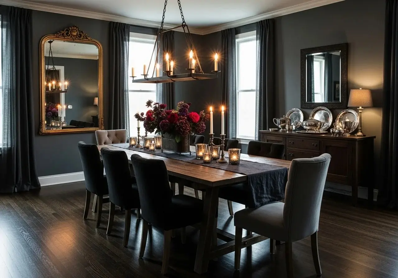 Full view of Beautiful moody dining room look