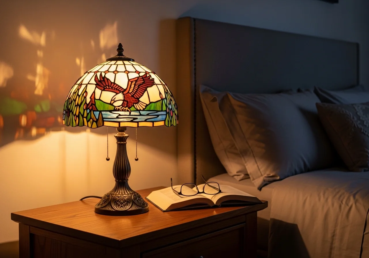 Classic bedside table lamp with cream shade on wooden nightstand in cozy bedroom