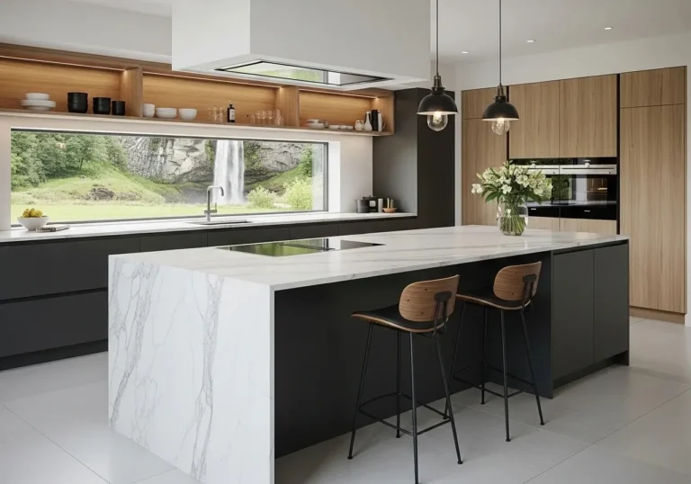 Beautiful waterfall island kitchen look
