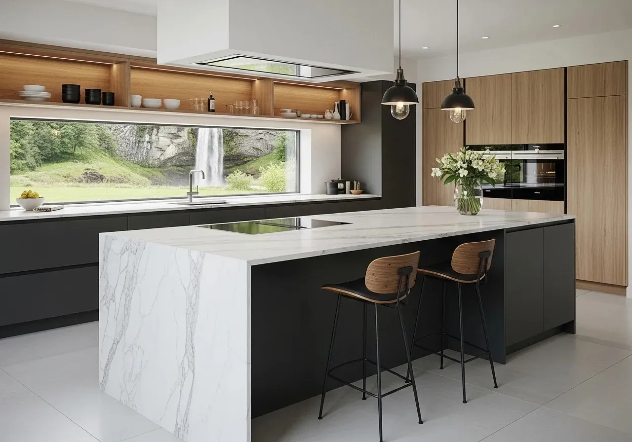 Beautiful waterfall island kitchen look