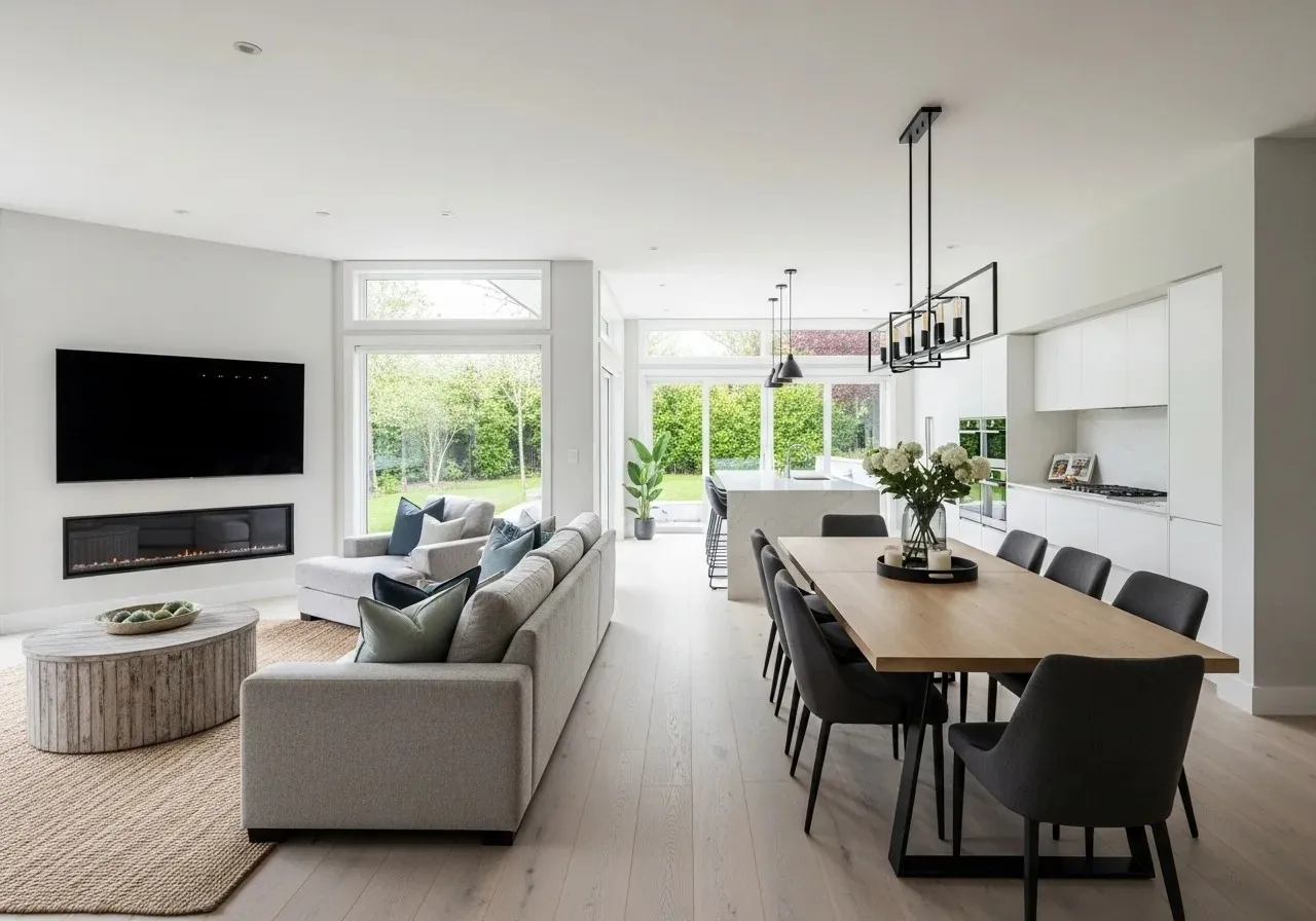 Beautiful Open Layout Living Room Dining Room and also show kitchen