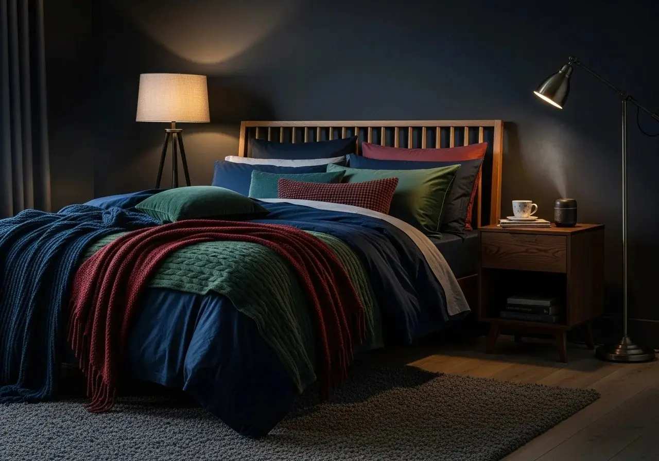 moody bedroom ideas with dark walls cozy lighting and layered textures